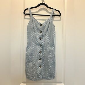 Blue Polka Dot Button Front Mini Dress | Linen Blend Summer Sundress XS